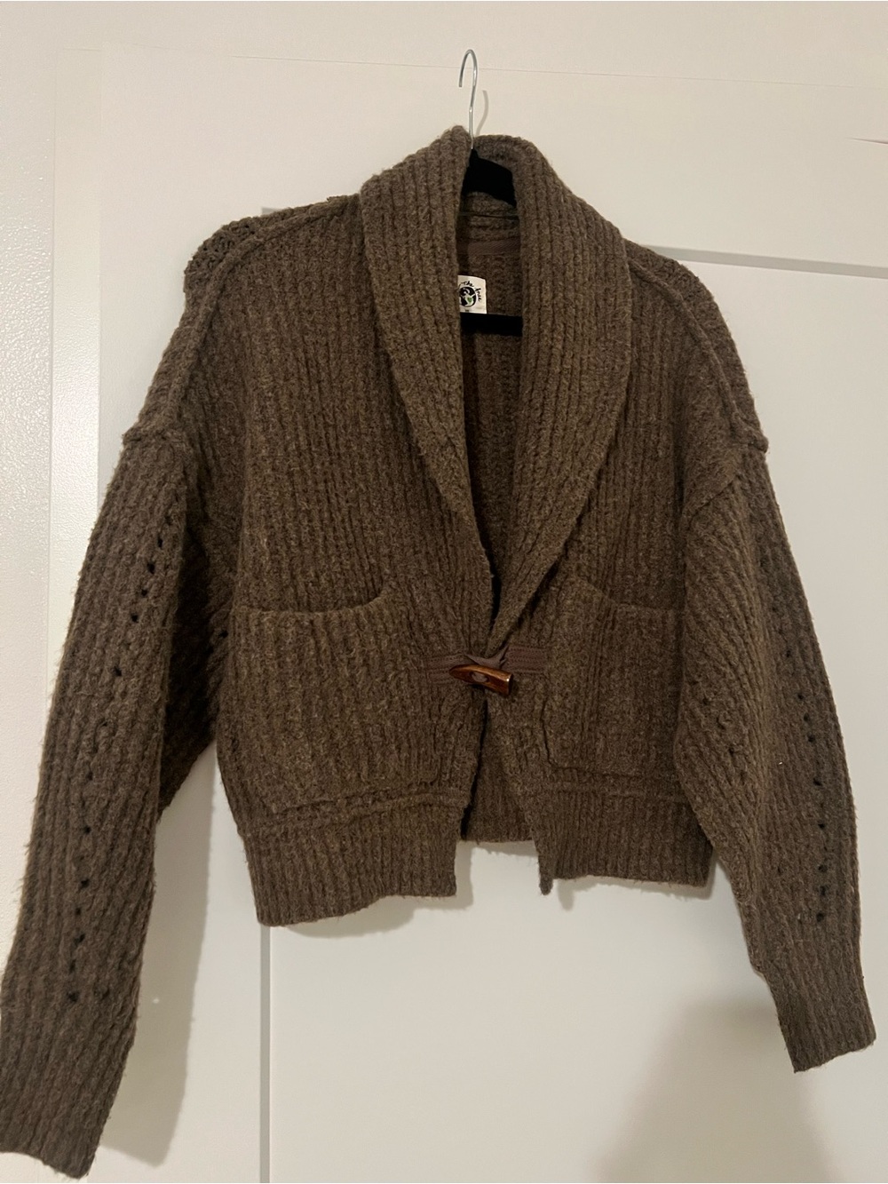 We The Free Chunky Brown Shawl-Collar Toggle Cardigan